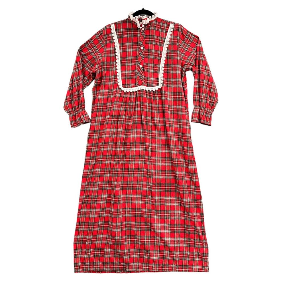 VTG Red Plaid Flannel Nightgown LG Lace Trim Prairie Cottagecore Sleepwear